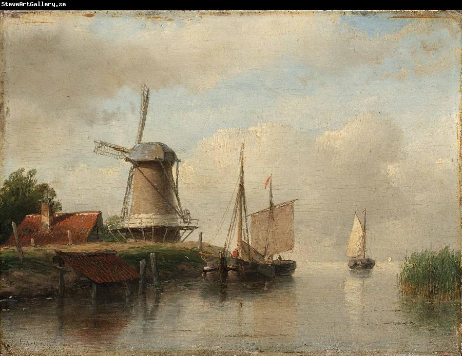 Andreas Schelfhout Dutch boats moored on a river beside a windmill